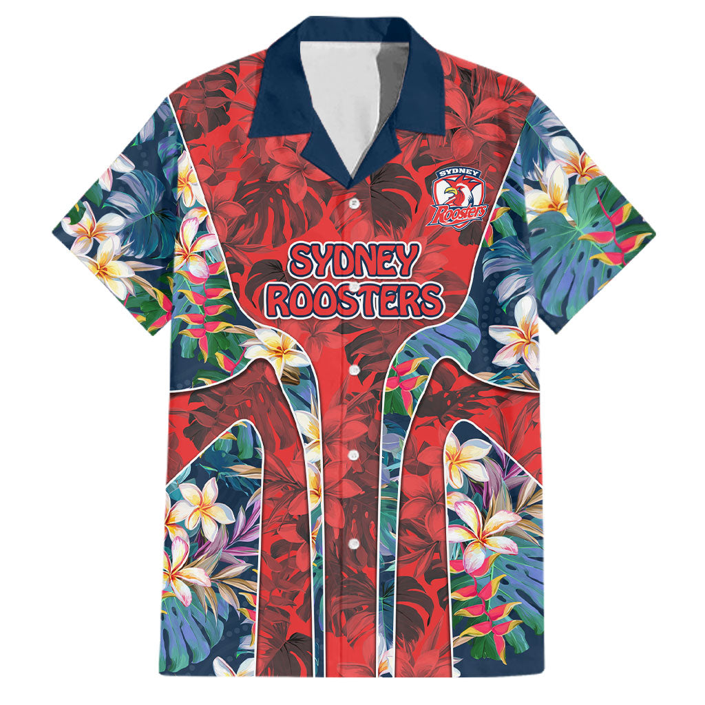 Sydney Roosters Family Matching Off The Shoulder Long Sleeve Dress and Hawaiian Shirt Tropical Hibiscus Floral Pattern With Red And Blue Accents