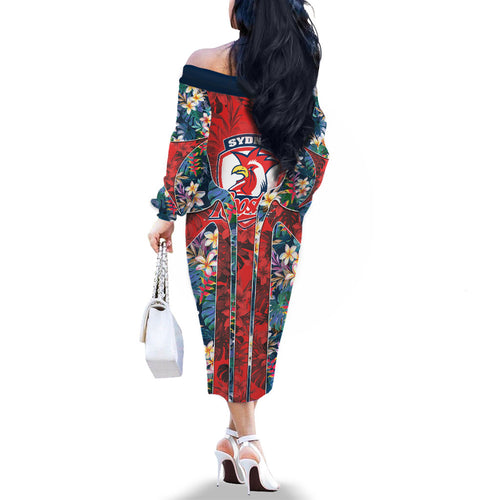 Sydney Roosters Family Matching Off The Shoulder Long Sleeve Dress and Hawaiian Shirt Tropical Hibiscus Floral Pattern With Red And Blue Accents