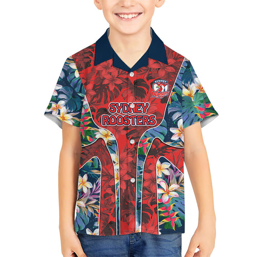 Sydney Roosters Family Matching Off The Shoulder Long Sleeve Dress and Hawaiian Shirt Tropical Hibiscus Floral Pattern With Red And Blue Accents