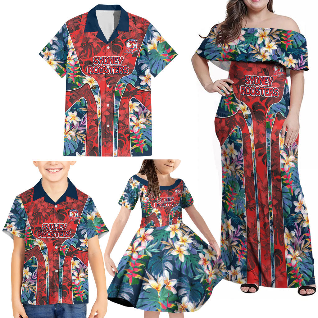 Sydney Roosters Family Matching Off Shoulder Maxi Dress and Hawaiian Shirt Tropical Hibiscus Floral Pattern With Red And Blue Accents