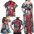 Sydney Roosters Family Matching Off Shoulder Maxi Dress and Hawaiian Shirt Tropical Hibiscus Floral Pattern With Red And Blue Accents