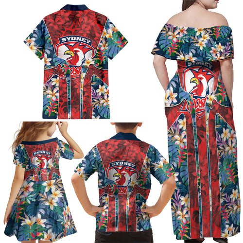 Sydney Roosters Family Matching Off Shoulder Maxi Dress and Hawaiian Shirt Tropical Hibiscus Floral Pattern With Red And Blue Accents