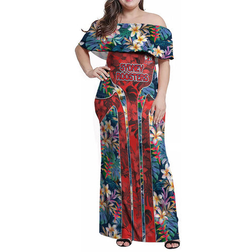 Sydney Roosters Family Matching Off Shoulder Maxi Dress and Hawaiian Shirt Tropical Hibiscus Floral Pattern With Red And Blue Accents