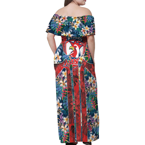 Sydney Roosters Family Matching Off Shoulder Maxi Dress and Hawaiian Shirt Tropical Hibiscus Floral Pattern With Red And Blue Accents