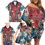 Sydney Roosters Family Matching Off Shoulder Short Dress and Hawaiian Shirt Tropical Hibiscus Floral Pattern With Red And Blue Accents