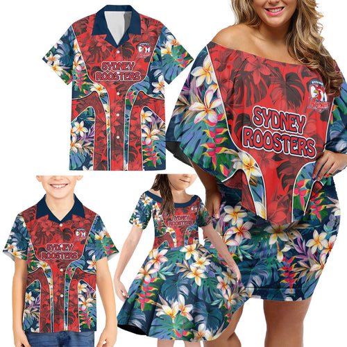 Sydney Roosters Family Matching Off Shoulder Short Dress and Hawaiian Shirt Tropical Hibiscus Floral Pattern With Red And Blue Accents