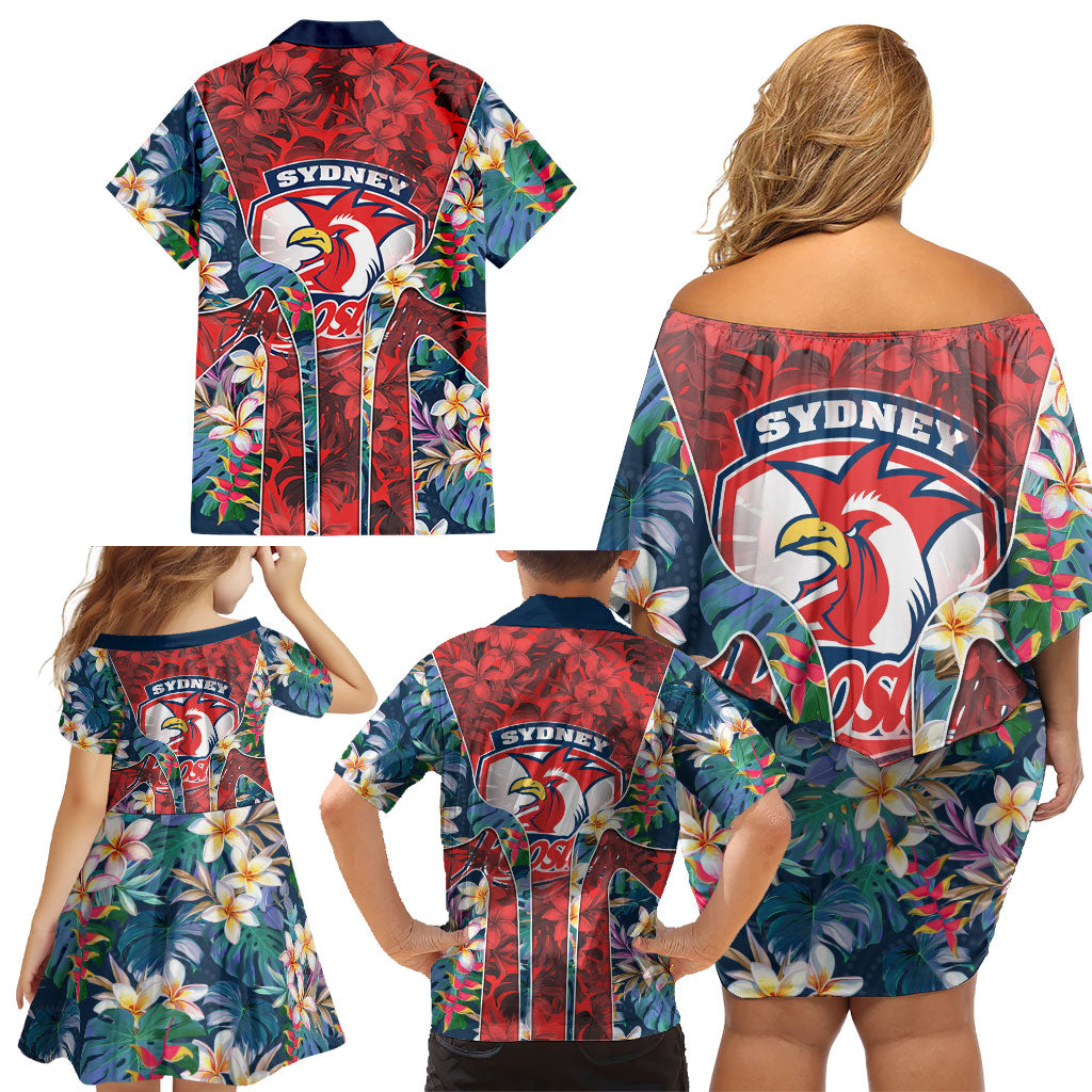 Sydney Roosters Family Matching Off Shoulder Short Dress and Hawaiian Shirt Tropical Hibiscus Floral Pattern With Red And Blue Accents