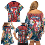 Sydney Roosters Family Matching Off Shoulder Short Dress and Hawaiian Shirt Tropical Hibiscus Floral Pattern With Red And Blue Accents