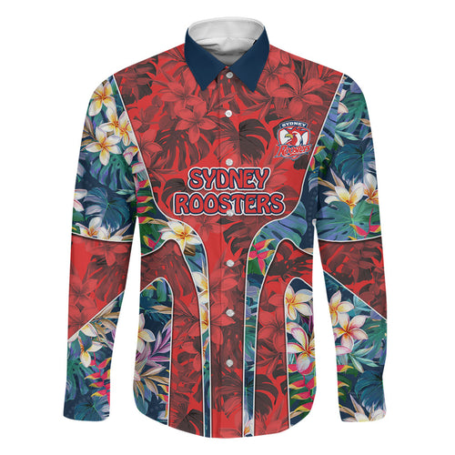 Sydney Roosters Family Matching Off Shoulder Short Dress and Hawaiian Shirt Tropical Hibiscus Floral Pattern With Red And Blue Accents