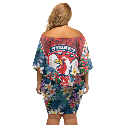 Sydney Roosters Family Matching Off Shoulder Short Dress and Hawaiian Shirt Tropical Hibiscus Floral Pattern With Red And Blue Accents