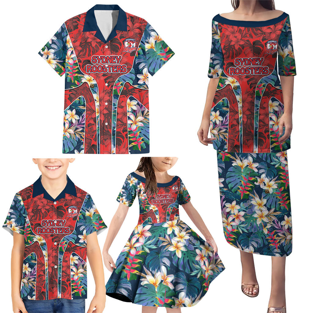Sydney Roosters Family Matching Puletasi and Hawaiian Shirt Tropical Hibiscus Floral Pattern With Red And Blue Accents