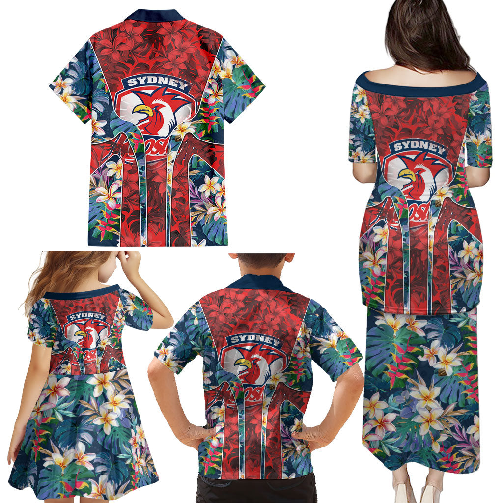 Sydney Roosters Family Matching Puletasi and Hawaiian Shirt Tropical Hibiscus Floral Pattern With Red And Blue Accents
