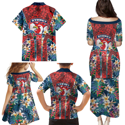 Sydney Roosters Family Matching Puletasi and Hawaiian Shirt Tropical Hibiscus Floral Pattern With Red And Blue Accents