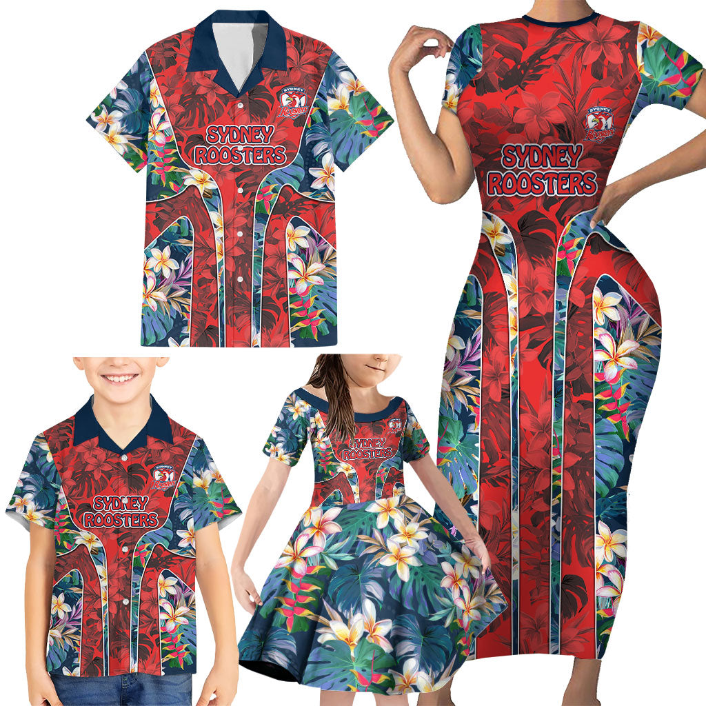 Sydney Roosters Family Matching Short Sleeve Bodycon Dress and Hawaiian Shirt Tropical Hibiscus Floral Pattern With Red And Blue Accents