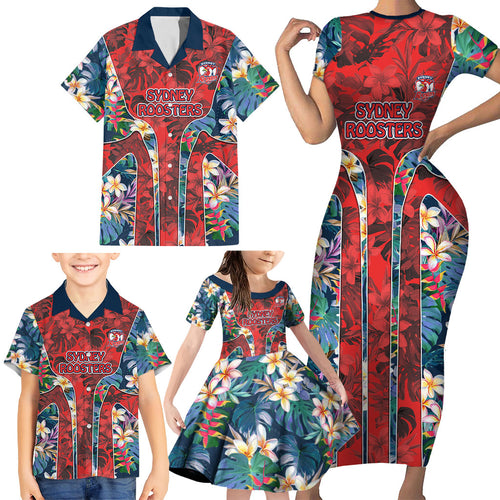 Sydney Roosters Family Matching Short Sleeve Bodycon Dress and Hawaiian Shirt Tropical Hibiscus Floral Pattern With Red And Blue Accents