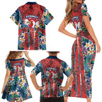 Sydney Roosters Family Matching Short Sleeve Bodycon Dress and Hawaiian Shirt Tropical Hibiscus Floral Pattern With Red And Blue Accents