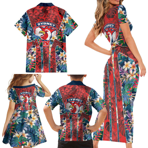 Sydney Roosters Family Matching Short Sleeve Bodycon Dress and Hawaiian Shirt Tropical Hibiscus Floral Pattern With Red And Blue Accents
