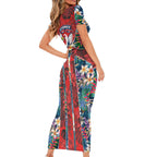 Sydney Roosters Family Matching Short Sleeve Bodycon Dress and Hawaiian Shirt Tropical Hibiscus Floral Pattern With Red And Blue Accents
