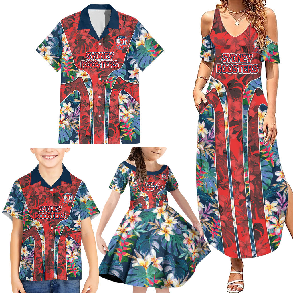 Sydney Roosters Family Matching Summer Maxi Dress and Hawaiian Shirt Tropical Hibiscus Floral Pattern With Red And Blue Accents