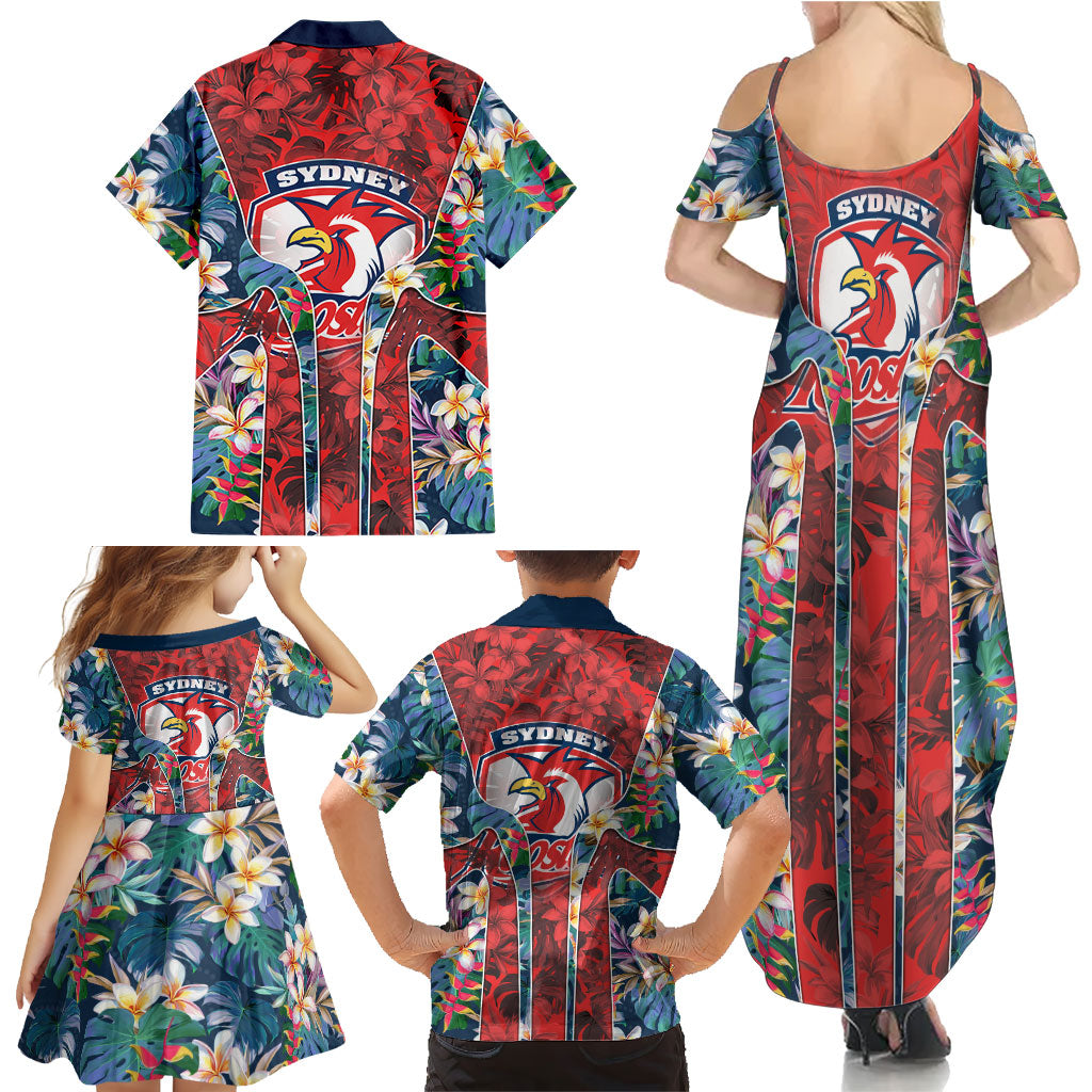 Sydney Roosters Family Matching Summer Maxi Dress and Hawaiian Shirt Tropical Hibiscus Floral Pattern With Red And Blue Accents