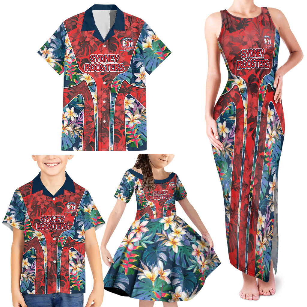Sydney Roosters Family Matching Tank Maxi Dress and Hawaiian Shirt Tropical Hibiscus Floral Pattern With Red And Blue Accents