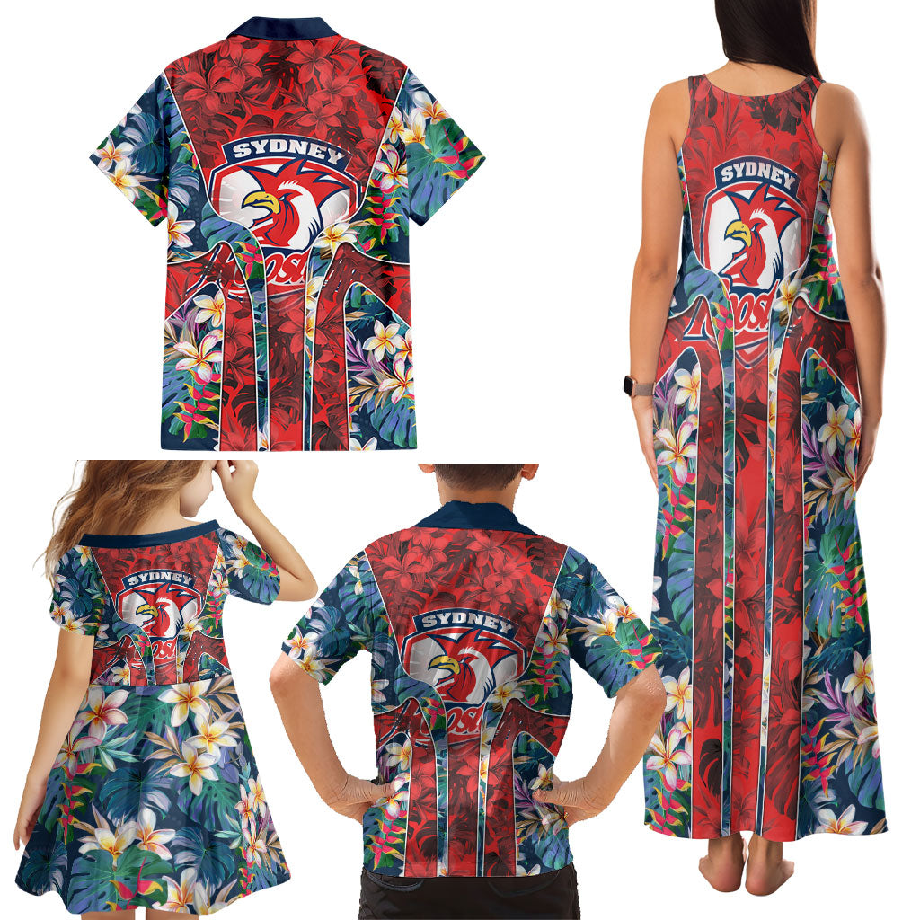 Sydney Roosters Family Matching Tank Maxi Dress and Hawaiian Shirt Tropical Hibiscus Floral Pattern With Red And Blue Accents