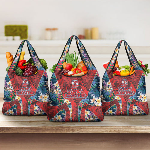 Sydney Roosters Grocery Bag Tropical Hibiscus Floral Pattern With Red And Blue Accents