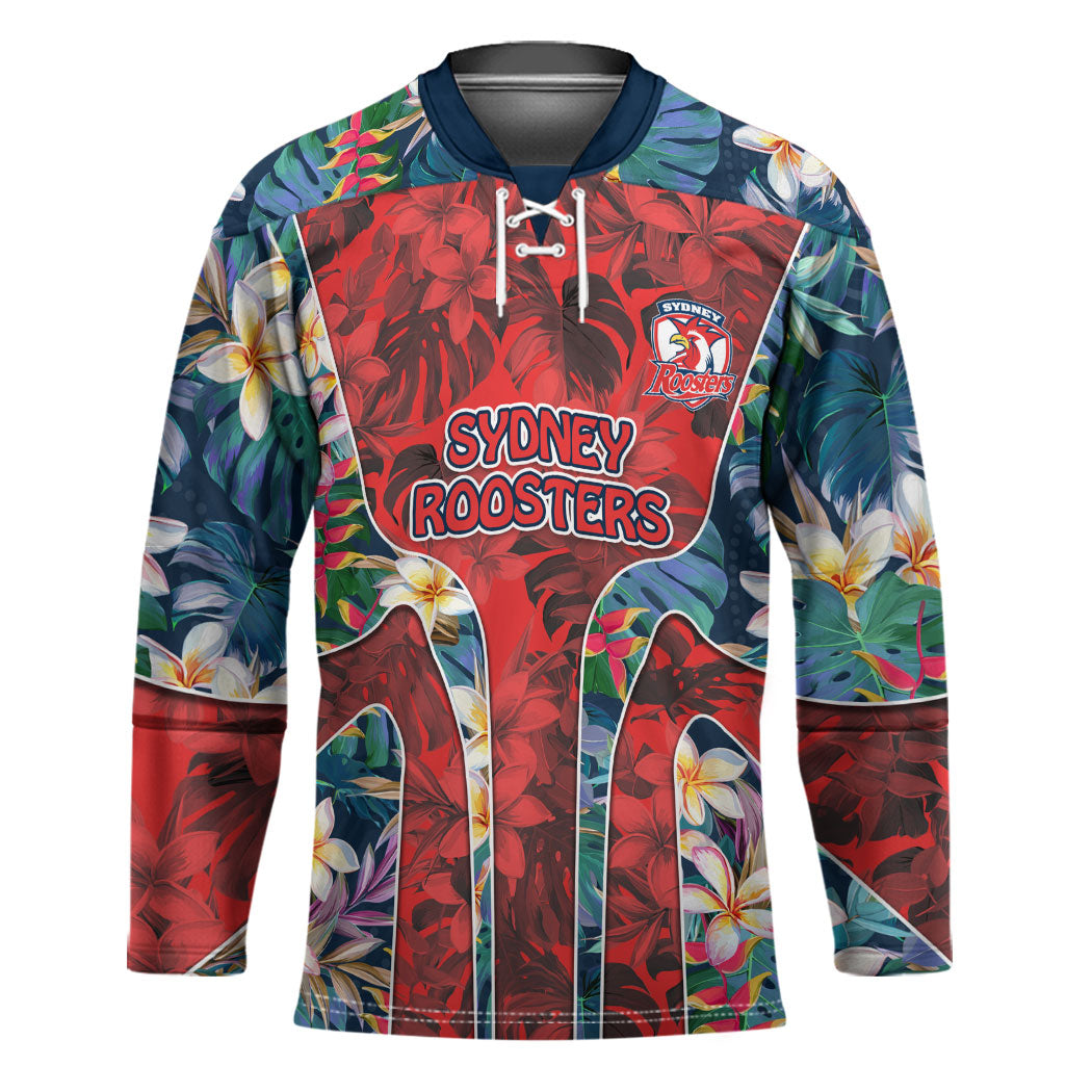 Sydney Roosters Hockey Jersey Tropical Hibiscus Floral Pattern With Red And Blue Accents