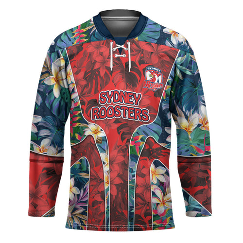 Sydney Roosters Hockey Jersey Tropical Hibiscus Floral Pattern With Red And Blue Accents