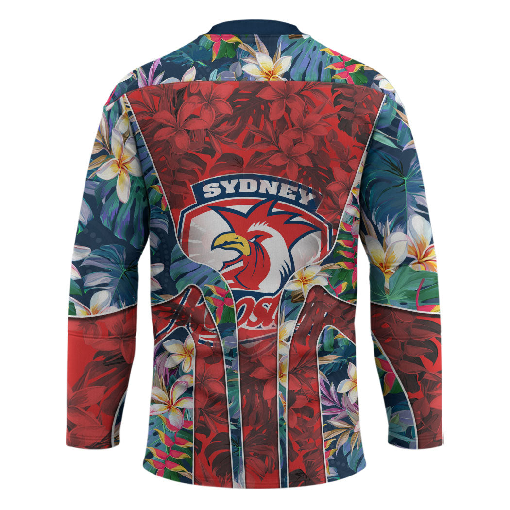 Sydney Roosters Hockey Jersey Tropical Hibiscus Floral Pattern With Red And Blue Accents