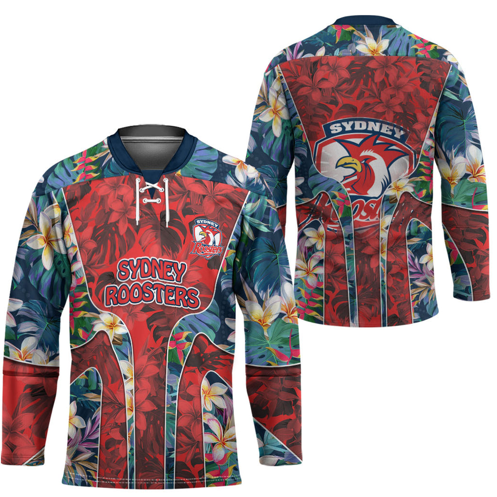 Sydney Roosters Hockey Jersey Tropical Hibiscus Floral Pattern With Red And Blue Accents