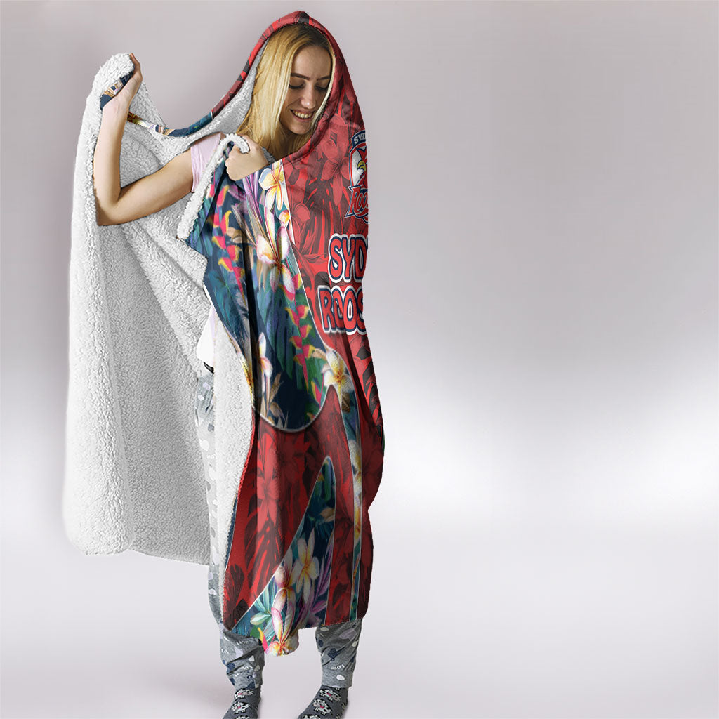 Sydney Roosters Hooded Blanket Tropical Hibiscus Floral Pattern With Red And Blue Accents