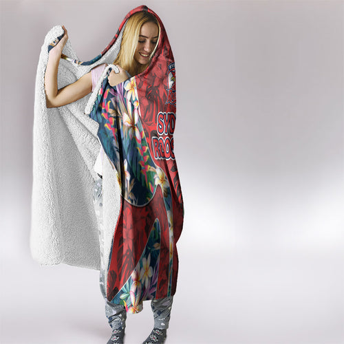 Sydney Roosters Hooded Blanket Tropical Hibiscus Floral Pattern With Red And Blue Accents