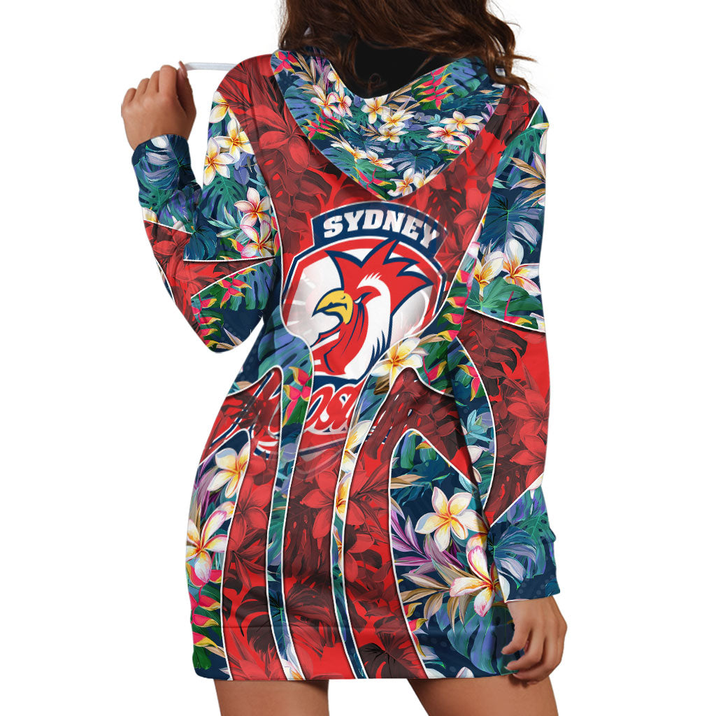 Sydney Roosters Hoodie Dress Tropical Hibiscus Floral Pattern With Red And Blue Accents