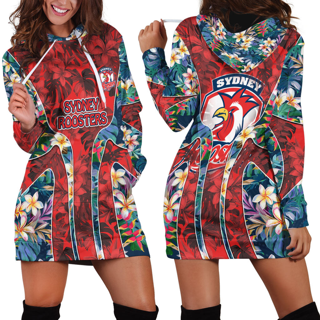 Sydney Roosters Hoodie Dress Tropical Hibiscus Floral Pattern With Red And Blue Accents