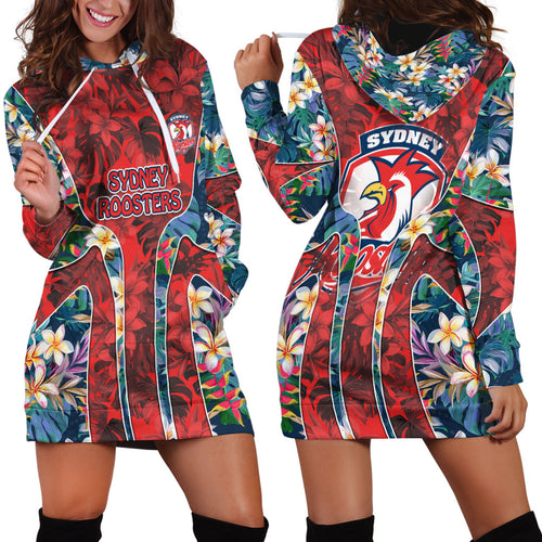 Sydney Roosters Hoodie Dress Tropical Hibiscus Floral Pattern With Red And Blue Accents