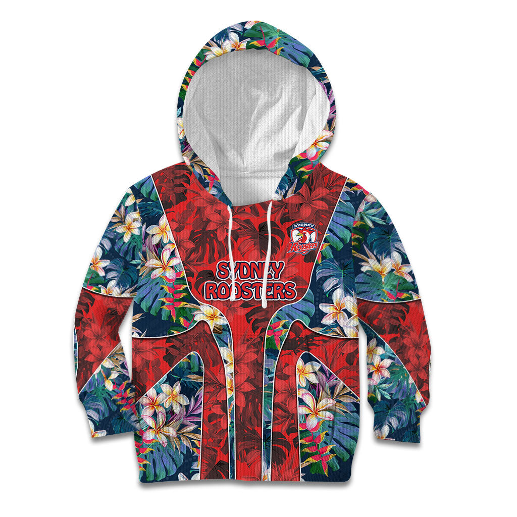 Sydney Roosters Kid Hoodie Tropical Hibiscus Floral Pattern With Red And Blue Accents