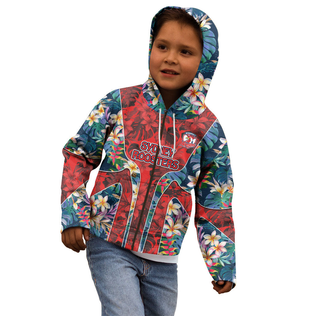 Sydney Roosters Kid Hoodie Tropical Hibiscus Floral Pattern With Red And Blue Accents