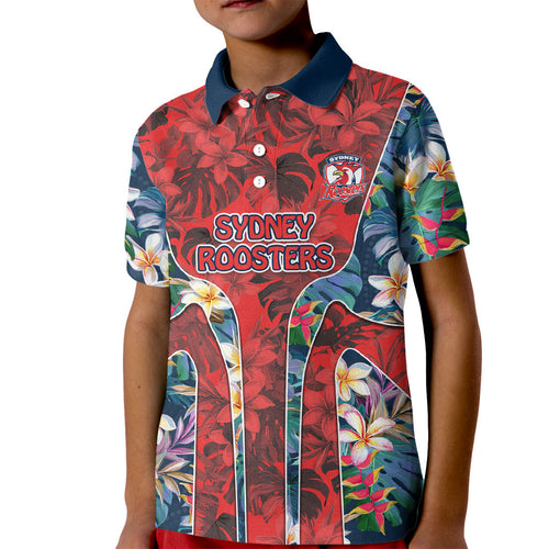 Sydney Roosters Kid Polo Shirt Tropical Hibiscus Floral Pattern With Red And Blue Accents
