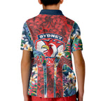 Sydney Roosters Kid Polo Shirt Tropical Hibiscus Floral Pattern With Red And Blue Accents