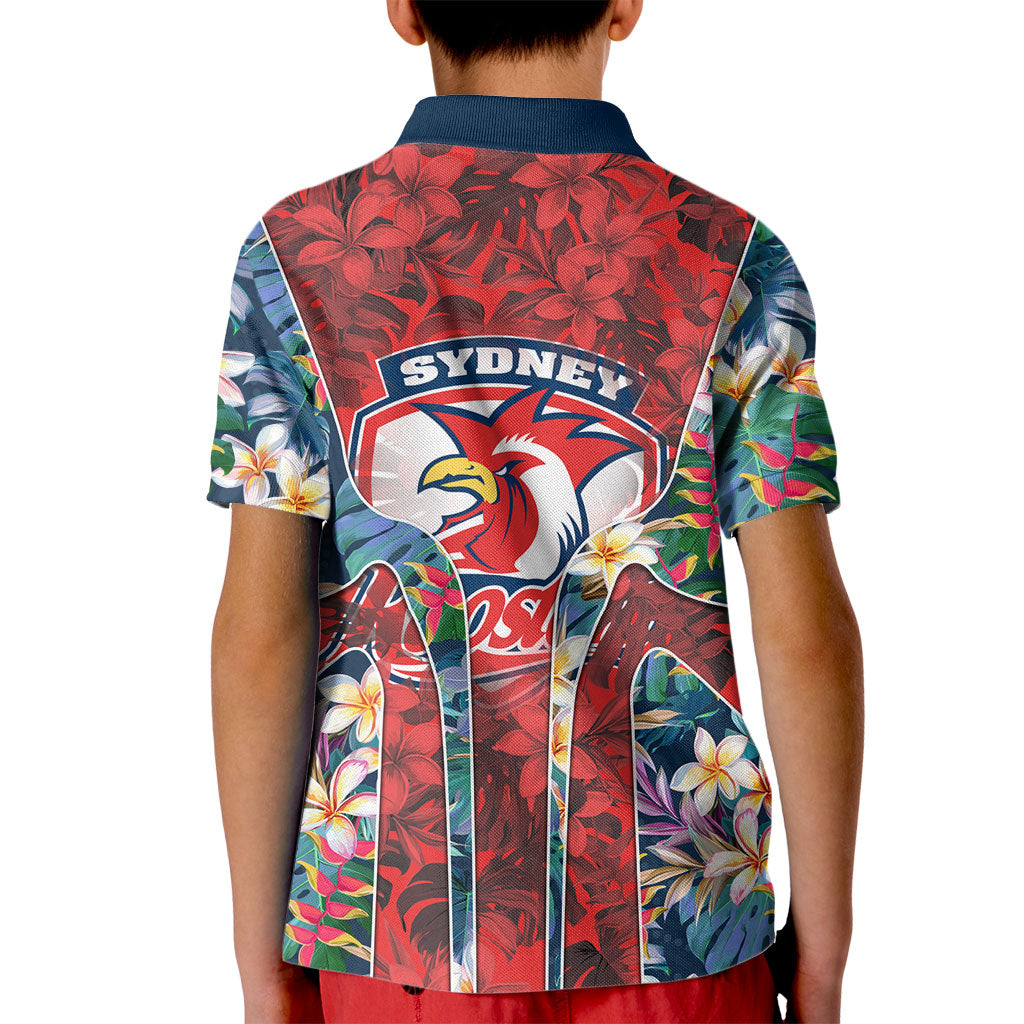 Sydney Roosters Kid Polo Shirt Tropical Hibiscus Floral Pattern With Red And Blue Accents
