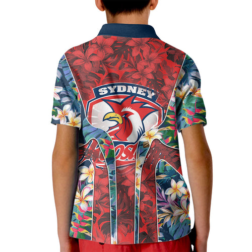 Sydney Roosters Kid Polo Shirt Tropical Hibiscus Floral Pattern With Red And Blue Accents