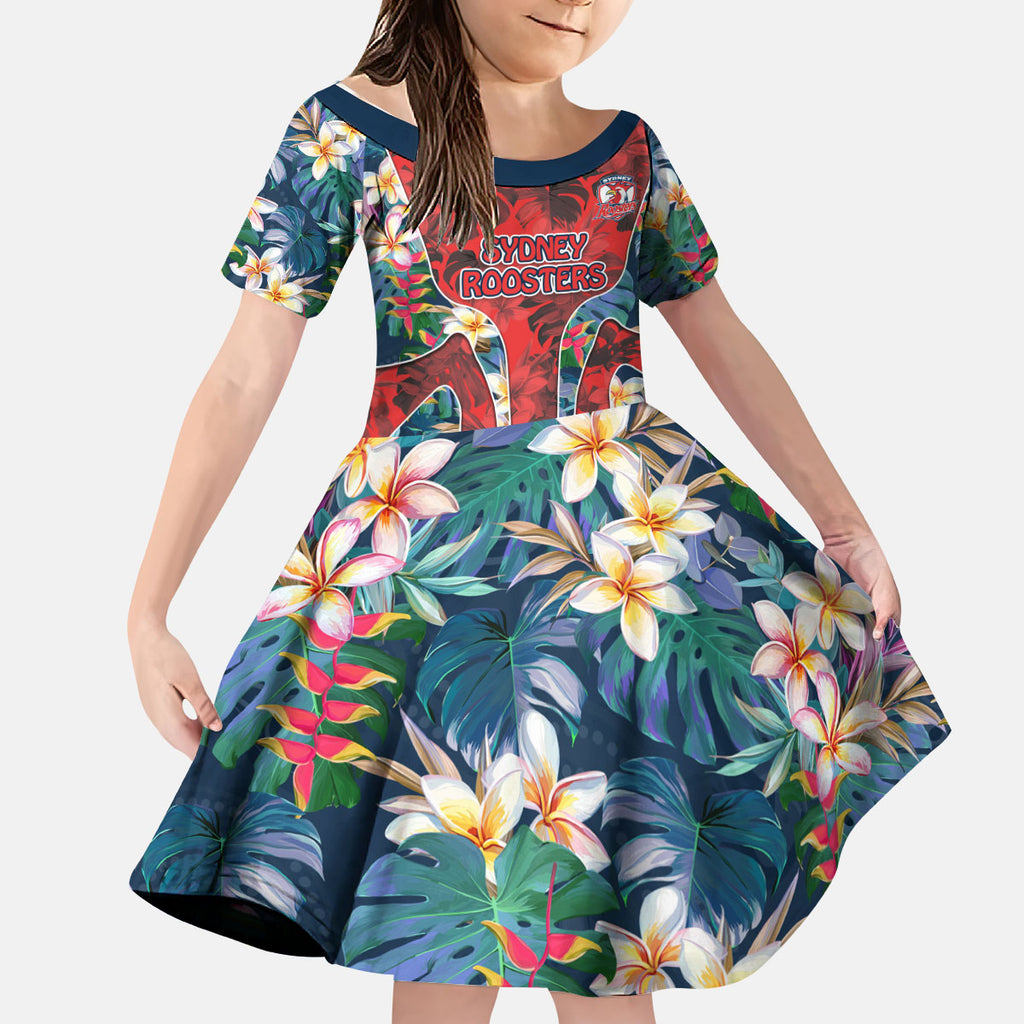 Sydney Roosters Kid Short Sleeve Dress Tropical Hibiscus Floral Pattern With Red And Blue Accents