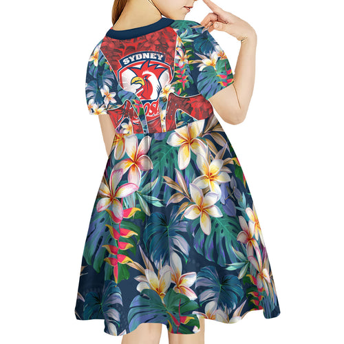 Sydney Roosters Kid Short Sleeve Dress Tropical Hibiscus Floral Pattern With Red And Blue Accents