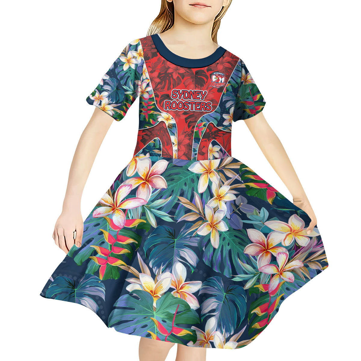 Sydney Roosters Kid Short Sleeve Dress Tropical Hibiscus Floral Pattern With Red And Blue Accents