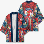 Sydney Roosters Kimono Tropical Hibiscus Floral Pattern With Red And Blue Accents
