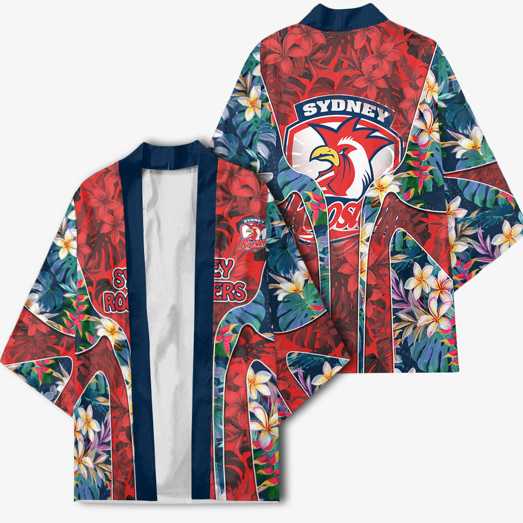 Sydney Roosters Kimono Tropical Hibiscus Floral Pattern With Red And Blue Accents
