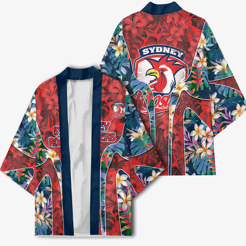 Sydney Roosters Kimono Tropical Hibiscus Floral Pattern With Red And Blue Accents