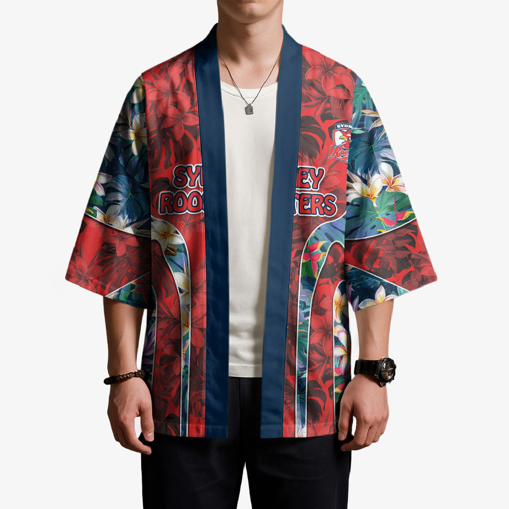 Sydney Roosters Kimono Tropical Hibiscus Floral Pattern With Red And Blue Accents
