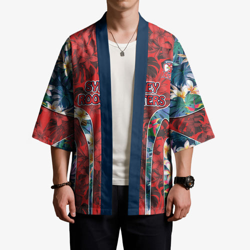Sydney Roosters Kimono Tropical Hibiscus Floral Pattern With Red And Blue Accents